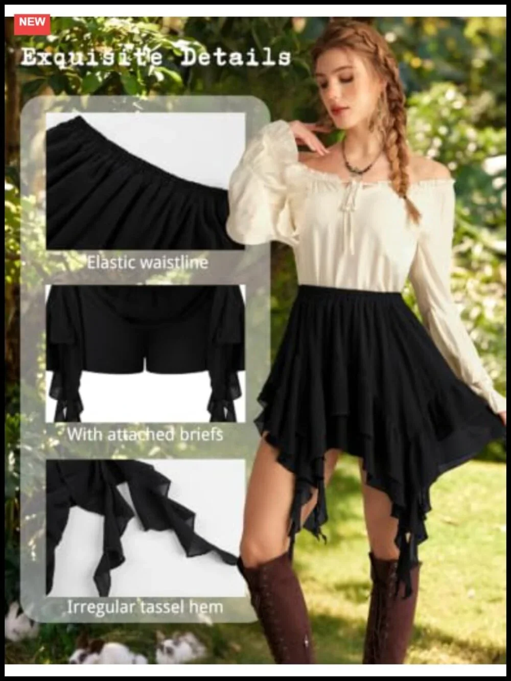 Women's Tiered Ruffle Skort with Built-in Shorts, High Waist Elastic,